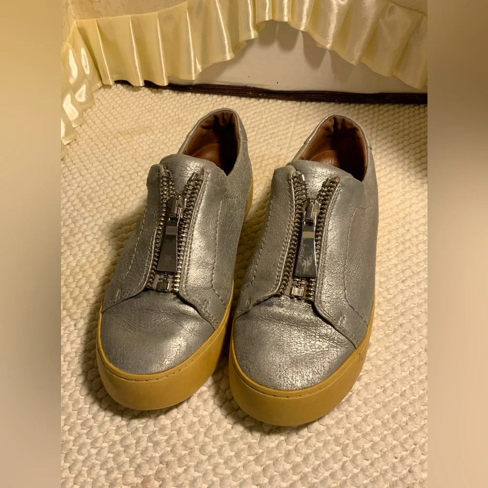 Frye Silver Leather Zip-Front Slip-On Sneakers with Tan Platform Lena